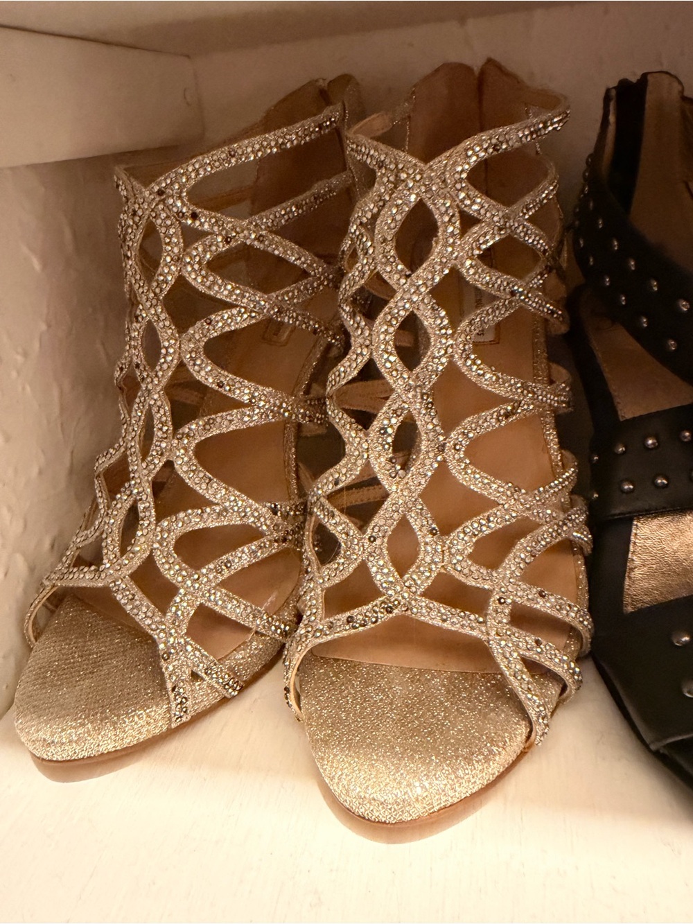 INC International Concepts Gold Rhinestone Cutout Heeled Sandals